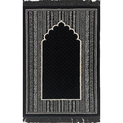 Modefa Islamic Prayer Rug - Double Plush Large & Wide Velvet Carpet - Traditional Muslim Janamaz - Thick Turkish Prayer Mat for Men & Women- Ramadan or Eid Gift - Tribal (Mihrab Black)