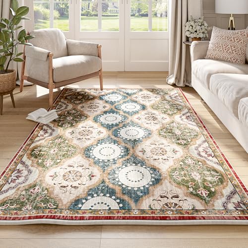 EnHomee Area Rugs 3x5, Soft Washable Rugs for Living Room Bedroom, Boho Non Slip Low Pile Stain Resistant Washable Rug Large Carpet for Dining Room,Easy to Clean Living Room Rug, Red & Green - color: Red & Green, size: 3x5