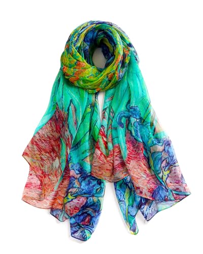 100% Mulberry Silk Scarf for Women, 69'' x 43'' Lightweight Large Silk Chiffon Shawl Wraps Floral Neck Scarf Gift - color: Green Irises -Van Gogh Oil Painting