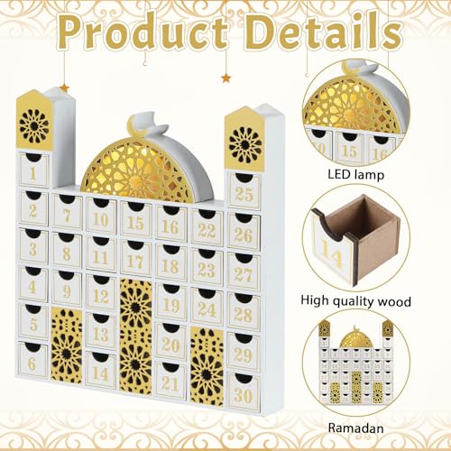 gisgfim Ramadan Wooden Countdown Calendar Eid Mubarak Decorations Mosque Advent Calendar with Drawers Eid Mubarak Countdown Til Eid Gift Ramadan Wooden Craftwork for Kids Ramadan Party Decorations