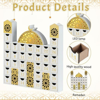 gisgfim Ramadan Wooden Countdown Calendar Eid Mubarak Decorations Mosque Advent Calendar with Drawers Eid Mubarak Countdown Til Eid Gift Ramadan Wooden Craftwork for Kids Ramadan Party Decorations
