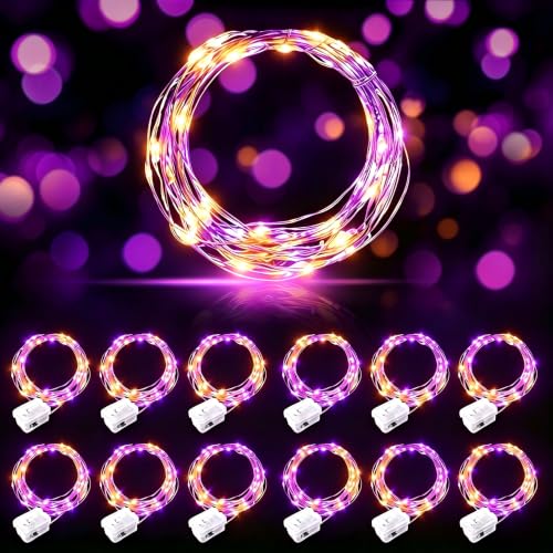 AIKEI 12 Pack LED Fairy Lights Battery Operated, Mini String Lights Waterproof 7ft 21 Led Firefly Starry Lights for Wedding Party Bedroom Garden Christmas Decoration Orange and Purple - color: Orange&Purple, size: 12 Pack