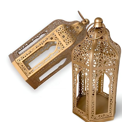 Mini Moroccan Lanterns | Set of 2 Gold Metal Candle Holders | Ramadan Decorations for Home, Eid Lanterns, Moroccan Decor, Small Decorative Lanterns for Tabletop or Shelf (Without Candle)