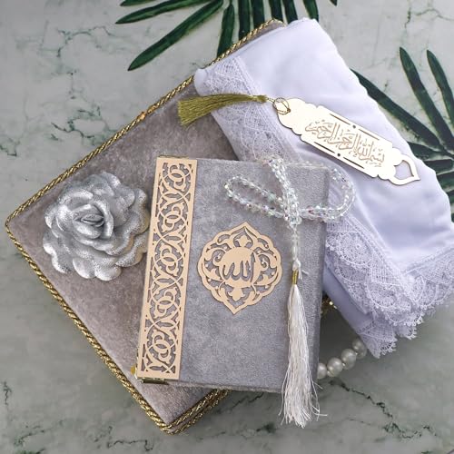 Modefa Islamic Luxury Pearl Islamic Gift Set - Holy Quran in Arabic - Velvet Box with Quran, Hijab, Tesbih, & Bookmark (Grey) - color: Grey