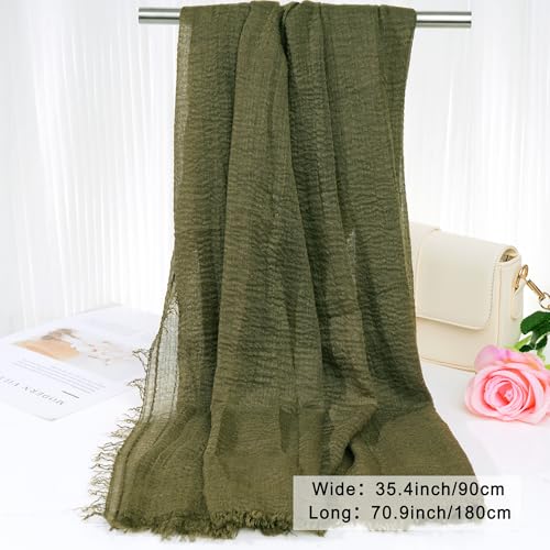 Nydotd Women Summer Cotton Linen Scarf Crinkle Long Beach Shawl Wrap hijab with Fringe - color: Army Green