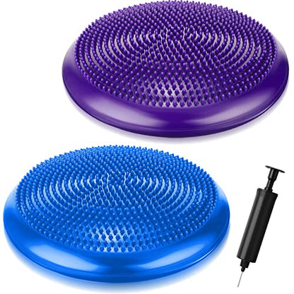 Outus 2 Pcs Balance Disc Inflated Wobble Cushion for Sensory Kids 13. 4 Inch Wiggle Seat Flexible Seating with Hand Pump for Kids Men Women Classroom Exercise Office Home Chair - color: Blue,Purple