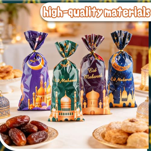 LERCTH 50 PCS Ramadan Eid Mubarak Gift Bags with Gold Twist Ties - 4.9x10.7 Inch Metallic Foil Treat Bags, Moon Star Design Party Favor Bags for Islamic Holiday Celebrations - color: Ramadan Bags 50 pack