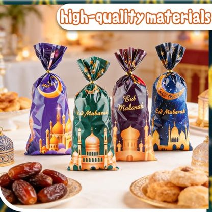LERCTH 50 PCS Ramadan Eid Mubarak Gift Bags with Gold Twist Ties - 4.9x10.7 Inch Metallic Foil Treat Bags, Moon Star Design Party Favor Bags for Islamic Holiday Celebrations - color: Ramadan Bags 50 pack