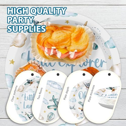 Greencian 96Pcs Airplane Boy Baby Shower Decorations, Serves 24 | Airplane Baby Shower Plates and Napkins Plane Tableware Set for Boys Little Explorer Landing Soon Adventure Party Supplies - style: Airplane Baby Shower Set