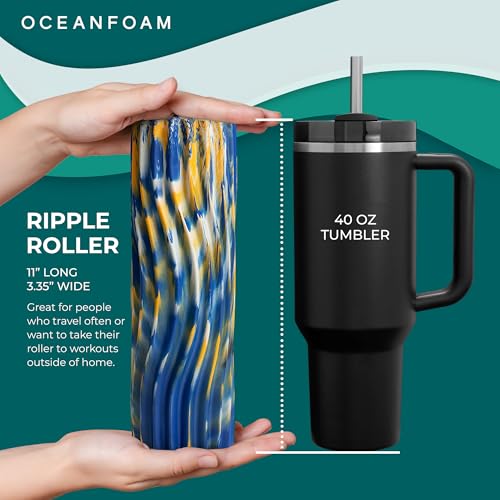 Oceanfoam Ripple Travel Foam Roller (11" x 3.35") Firm Mini Foam Roller for Physical Therapy, Deep Tissue Massage, Back Pain, High Density, Wave Textured, Yoga, Exercise (Royal Gold & Natural Marbled) - color: Royal, Gold & Natural Marbled