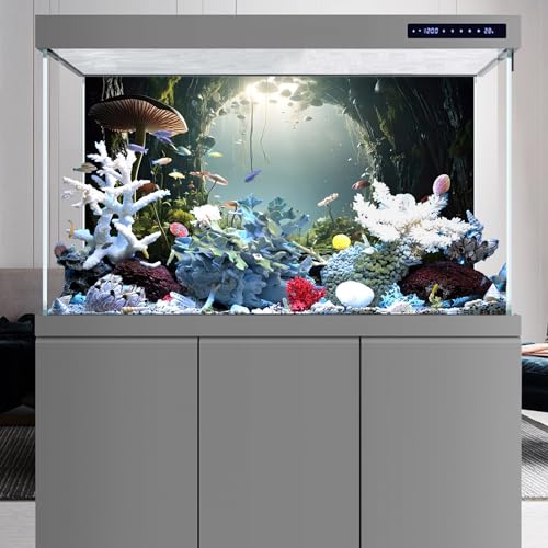 48x20 in Foggy Cave Mushroom Aquarium Backdrop Moss Fish Tank Background | AWERT Green Plant Stone Cave Polyester Terrarium Background - size: 48x20in/120x50cm