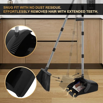 Upgraded Broom and Dustpan Set, 55" Long Handle Black Large Broom with Dustpan Combo Set，Self Cleaning Dustpan for Lobby Kitchen Office Restaurant - color: Black, size: Large