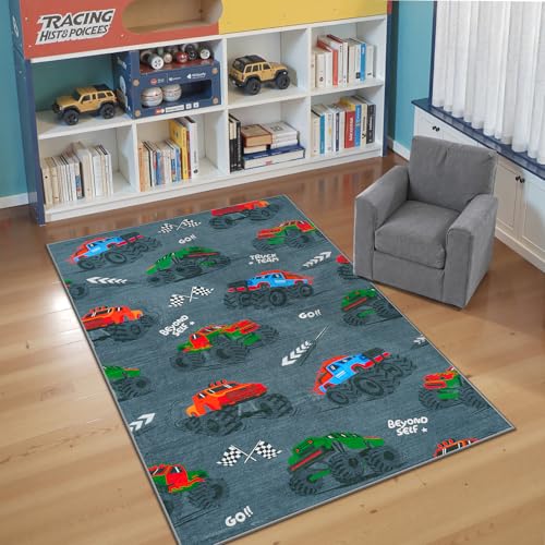 STARUIA Small 3x5 Washable Rug for Bedroom, Grey Cool Race Trucks Car Rugs - color: Grey, size: 3x5