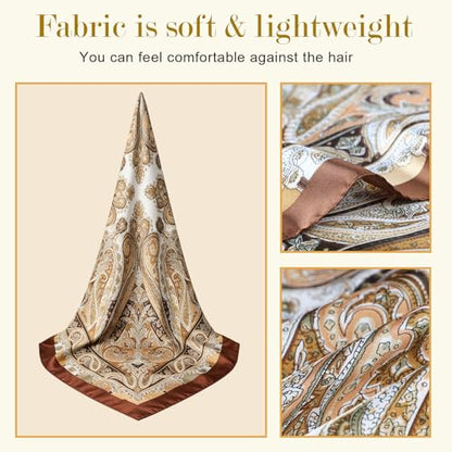 Sumolux Head Hair Scarf for Women 35" Like Satin Silk Scarf Hair Wrapping Night Bandana Large Square Scarves - color: B Brown Cashew
