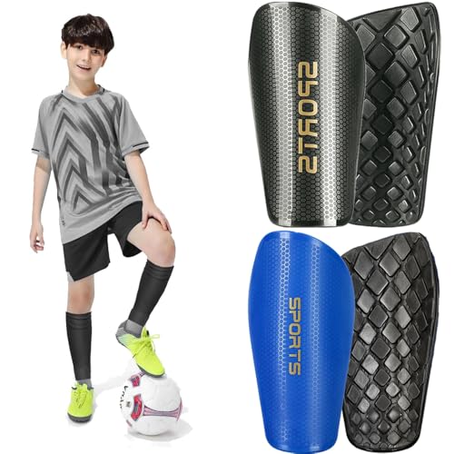 2 Pairs Soccer Shin Guards for Kids Youth Adults, Shin Pads for for Age 3-15 Boys and Girls, Lightweight Soccer Equipment for Football Games - color: Black and Blue, size: Medium