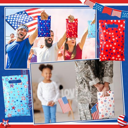 Geyoga 100 Pcs Patriotic Party Favor Bags Bulk 10 x 6 4th of July Gift Bags with Handles Red White Blue Treat Bag 250th Anniversary Plastic USA Flag Candy Bag for Independence Day Party Supplies - style: Independence Day