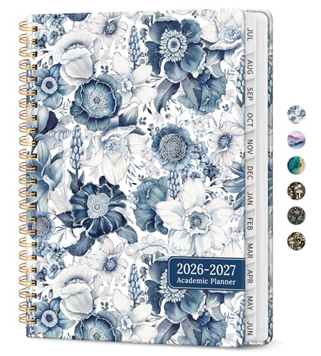 Planner 2026-2027, Academic Monthly and Weekly Calendar Planner for Women, July 2026 - June 2027, Hardcover Pretty Agenda Planner Book with Tabs, Spiral Daily Organizer for School Office Home Supplies, 6.3" x 8.5" - Blue Floral - color: A-Blue Floral, siz