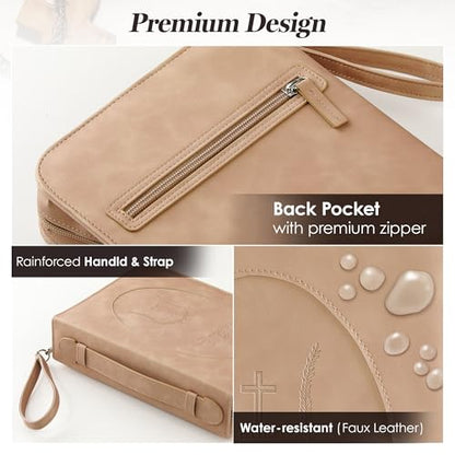 Leather Bible Cover for Women, Floral Bible Case with Handle, Light Brown | Bible Study, Church, Journaling & Travel - color: Light Brown