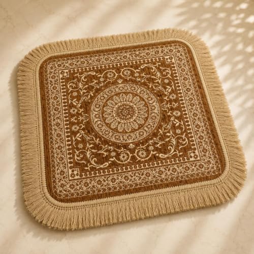 Soft Chenille Prayer Mat | 2x2 Feet Traditional Mandala Floral Pooja Aasan with Golden Fringes | Multipurpose Square Rug for Meditation, Yoga, Puja Room & Home (Pack of 4, Gold) - color: Gold, size: 2x2 Feet