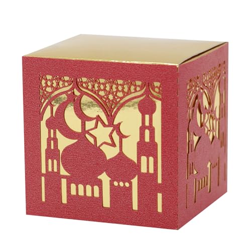 EUBUY 50 Pack Ramadan Treat Boxes, Islam Ramadan Party Candy Boxes, Ramadan Gift Boxes with Ribbons for Muslim Eid Party Supplies, Middle Eastern Festival Favor Boxes - color: red