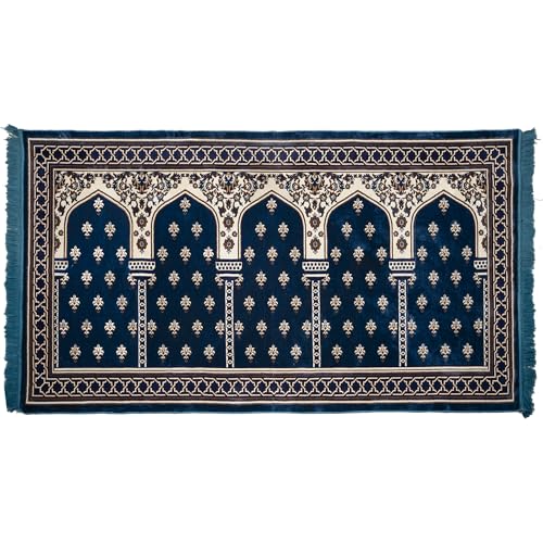Modefa Turkish Islamic Prayer Rug - Multi Person Janamaz Sajada for Family - Large Gathering & Group Praying Carpet - Wide Velvet Praying Mat (5 Person Blue) - color: Blue