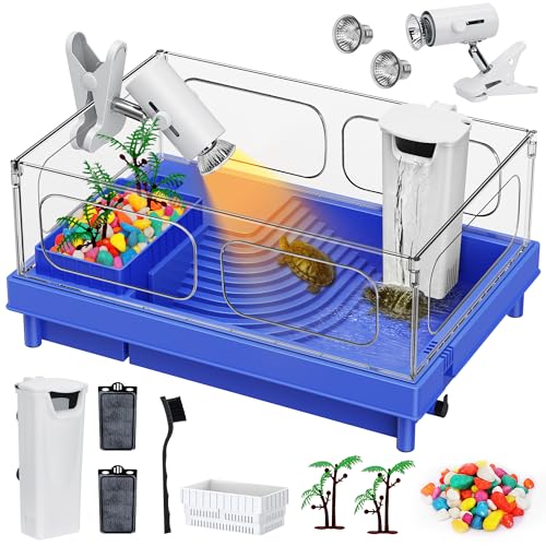 Small Turtle Tank Kit with Light and Filter for Baby Turtles | Blue Clear-Panel Habitat, with Basking Platform, Easy-Clean Starter Aquarium with Bottom Drain - color: Blue, size: Small Tank Complete Kit