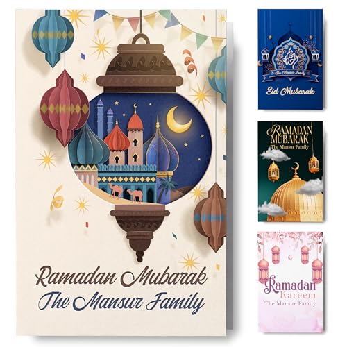 Personalized Ramadan Folded Card 5x7, Custom Family Name and Message Eid Mubarak Greeting Cards for Friends Family Mosque Community, Religious Holiday Card Set with Envelopes, Single or Bulk Packs - color: Design 08