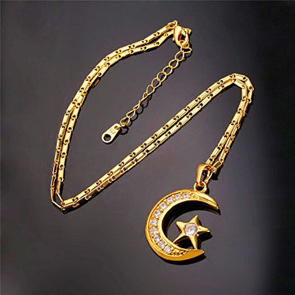 U7 Allah Necklace for Women/Men, 18K Gold Plated Square/Oval/Coin/Heart/Crescent Moon Islamic Pendant Necklace Muslim Jewelry with Chain - color: 01.Crescent Moon gold