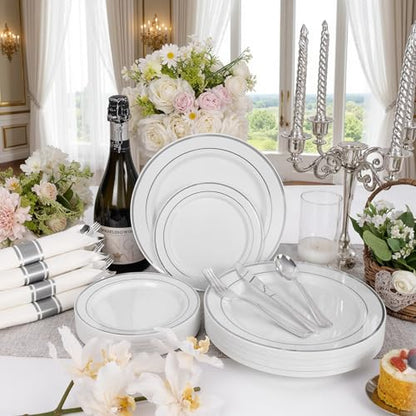 WDF Partyware 175PCS Sliver Plastic Plates - Silver Plates Disposable - White Plate with Silver Trim 25Guests Plastic Dinnerware Sets with Rolled Napkins for Wedding Baby Shower Spring Birthday - color: White and Silver, size: 175PCS