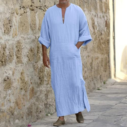 Mens Muslim Robes Solid Cotton Kaftan Thobe V Neck Casual Shirt Long Sleeve Islamic Caftans with Pocket - color: Light Blue, size: Medium
