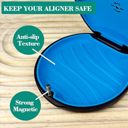 2 Pack Retainer Case with Vent Hole, Compatible with Invisalign | Portable Slim Travel Aligner Case,Secure Magnetic Closure-Food Grade Silicone Pad(Black Blue) - color: Black Blue