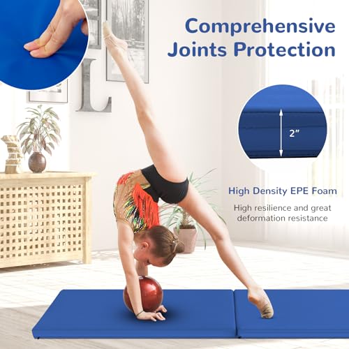 GYMAX Exercise Mat, 2 FT x 6 FT Bi-Fold with Carry Handles, Thick Home Workout Floor Mat for Gymnastics, Tumbling, Yoga, MMA, Wrestling