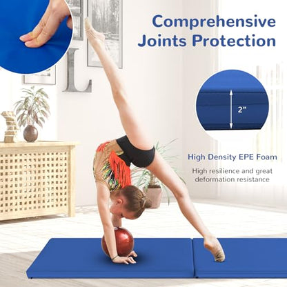 GYMAX Exercise Mat, 2 FT x 6 FT Bi-Fold with Carry Handles, Thick Home Workout Floor Mat for Gymnastics, Tumbling, Yoga, MMA, Wrestling