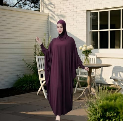 Women's Solid Muslim One-Piece Prayer Dress Abaya Kaftan with Hijab Full Length Dress - color: Purple