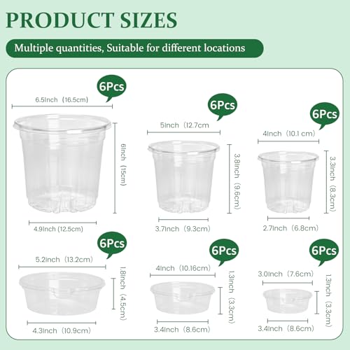 Bluepro Self Watering Pots for Indoor Plants, 4/5/6.5 Inch, 18-Pack | Clear Plastic, 6 Each of Three Sizes, Reservoir Trays and Wicks, Up to 7-Day Water Supply, Root and Water-Level Visibility - size: 4/5/6.5 Inch-18Pcs