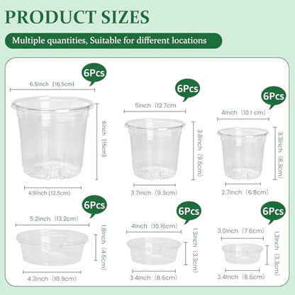 Bluepro Self Watering Pots for Indoor Plants, 4/5/6.5 Inch, 18-Pack | Clear Plastic, 6 Each of Three Sizes, Reservoir Trays and Wicks, Up to 7-Day Water Supply, Root and Water-Level Visibility - size: 4/5/6.5 Inch-18Pcs
