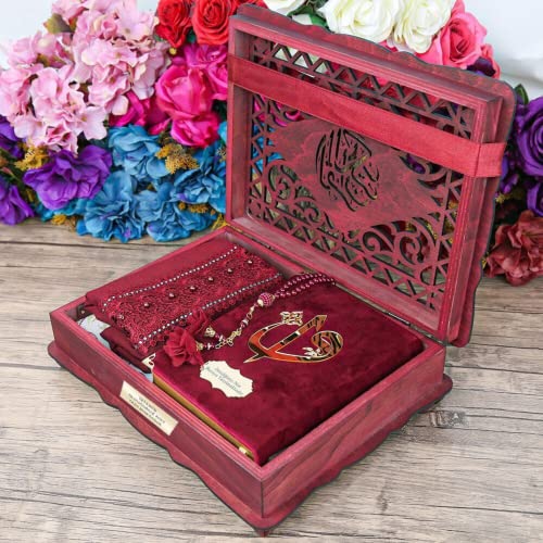 Quran Lux Shawl Misbaha Prayer Rug in Quran Stand Wooden Box | Luxury Islamic Gift Box For Women | Islamic Gift For Her, Mom, Girlfriend | Eid Ramadan Gift (Claret Red) - color: Claret Red