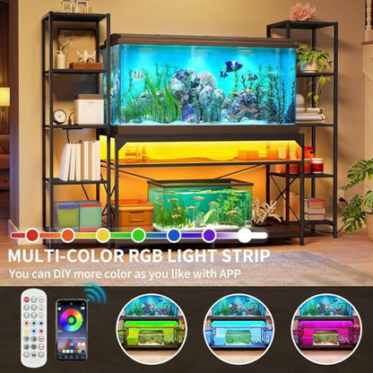 DWVO 55-75 Gallon Aquarium Stand with Power Outlets & LED Light, Display Stand for Turtle Tank, Reptile Terrarium, Heavy Duty Metal Fish Tank Stand Suitable for Living Room, Entryway, 860LBS Capacity - color: Black