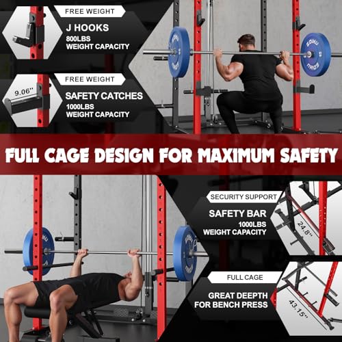 C1-V4 Power Cage, 2000LBS Squat Rack with LAT Pulldown, Multi-Function Weight Cage Strength Training Machine, Workout Cage with More Attachments for Home Gym Garage - style: C1 Pro (Aluminum Pulleys)