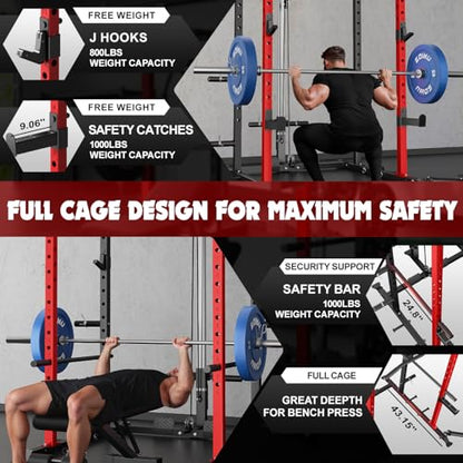 C1-V4 Power Cage, 2000LBS Squat Rack with LAT Pulldown, Multi-Function Weight Cage Strength Training Machine, Workout Cage with More Attachments for Home Gym Garage - style: C1 Pro (Aluminum Pulleys)