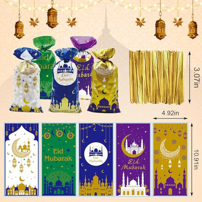 Hying 100 PCS Eid Mubarak Cellophane Bags with Twist Ties for Gift, Ramadan Cello Bag Eid Mubarak Castle Candy Bags Muslim Festival Moon Star Treat Bags for Cookie Candy Goodies Wrapping Supplies - color: Style 1: Eid Bags