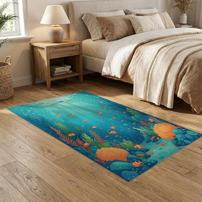 5'x7' Washable Graphic Fish Area Rug, Green Non-Shedding Pet Friendly Carpet for Small Living Room, Playroom, Bedroom, Easy Care Kids Safe Mat | Ref:1910466 - color: Blue/Pattern 40, size: 5' x 7' (Rectangular)