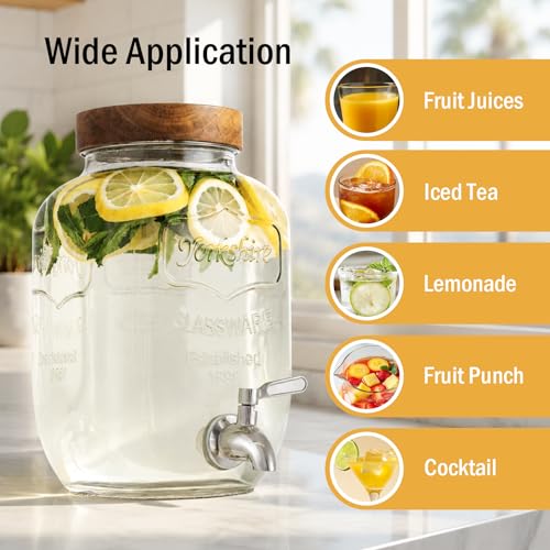 Mustry Glass Drink Dispenser with Acacia Lid, 1 Gallon, Set of 2 | Lemonade & Sun Tea | Glass Beverage Dispenser for Parties and Gatherings | Removable Stainless Steel Spigot - size: Double