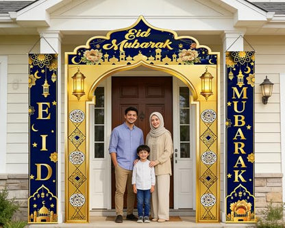 3 IN 1 Eid Mubarak Banner Decorations, Islamic Mosque Archway Backdrop with Eid Mubarak Hanging Banners, Ramadan Eid Decor for Home Door Wall Indoor Outdoor