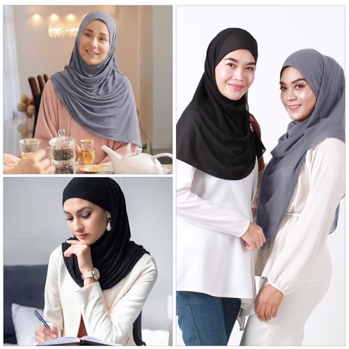 Handepo 2 Pcs Instant Hijab Jersey Hijab for Women Muslim Head Scarf Soft Lightweight Long Stretch Scarf Shawl Wrap - color: Black, Dark Gray
