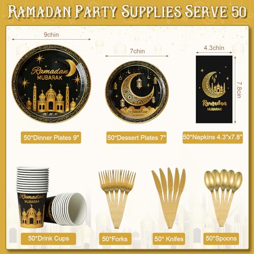 Ramadan Party Supplies Decorations for Home Serve 50, Eid Mubarak Ramadan Black and Gold Plates and Napkins Set, Disposable Paper Plates Napkins Cups Knives Spoons Forks for Ramadan Party Decorations