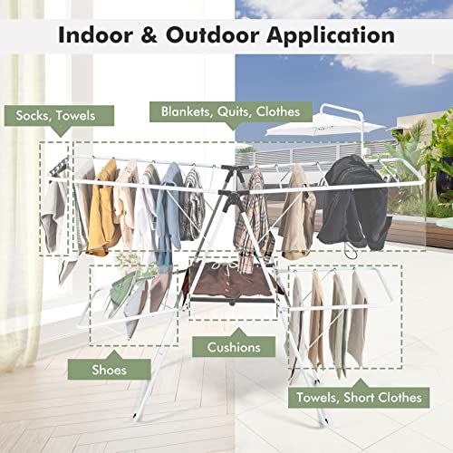 GOFLAME 2-Tier Clothes Drying Rack, Folding Laundry Dry Rack with Adjustable Supporting Bar, 26 Premium Clips, Space-Saving & Collapsible Laundry Hanger for Easy Storage, No Assembly Needed - size: 60.5” x 22” x 35.5”