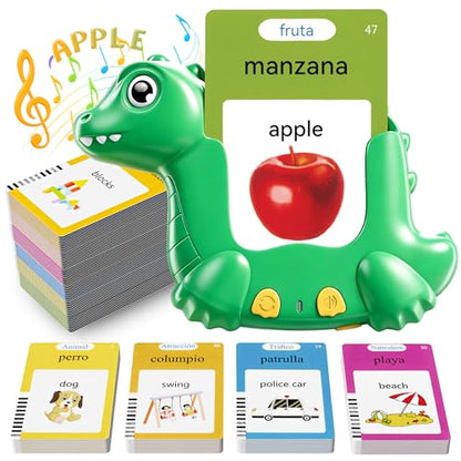 Spanish and English Talking Flash Cards for Toddlers with 510 Sight Words, Dinosaur Shaped Bilingual Buddy Pocket Speech Therapy Autism Toys, Educational Learning Toys Gift for Kid Boys Girls - size: 510-Spanish&English