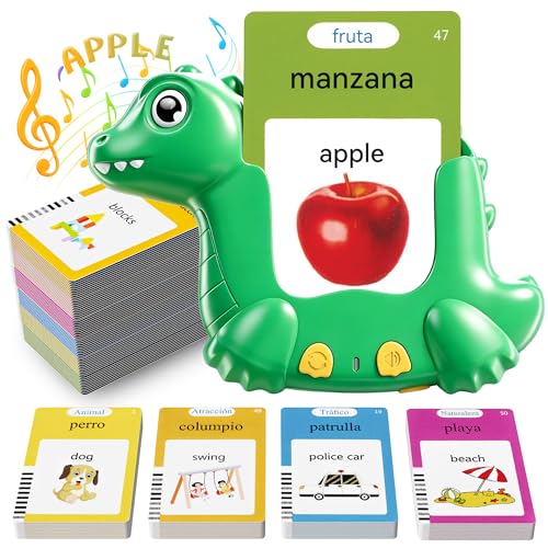 Spanish and English Talking Flash Cards for Toddlers with 510 Sight Words, Dinosaur Shaped Bilingual Buddy Pocket Speech Therapy Autism Toys, Educational Learning Toys Gift for Kid Boys Girls - size: 510-Spanish&English