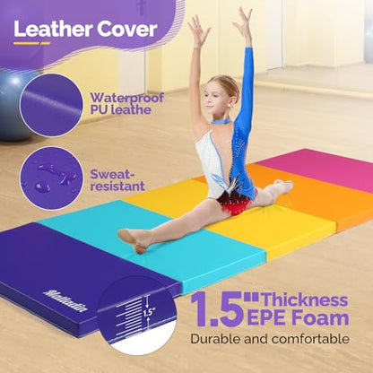 Matladin Folding Gymnastics Gym Exercise Aerobics Mat, 76"L x 30"W x 1.5"Th Folding Exercise Mat, Easy to Clean PU Leather Tumbling Mats for Stretching Yoga Cheerleading Martial Arts, Kid Play(Pink ,Blue） - color: Bright Multi-color